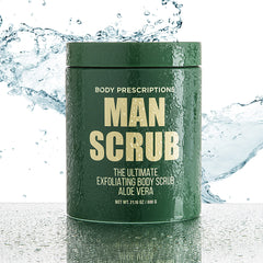 Body Prescriptions Man Scrub applied in the shower for full-body exfoliation and smooth skin.