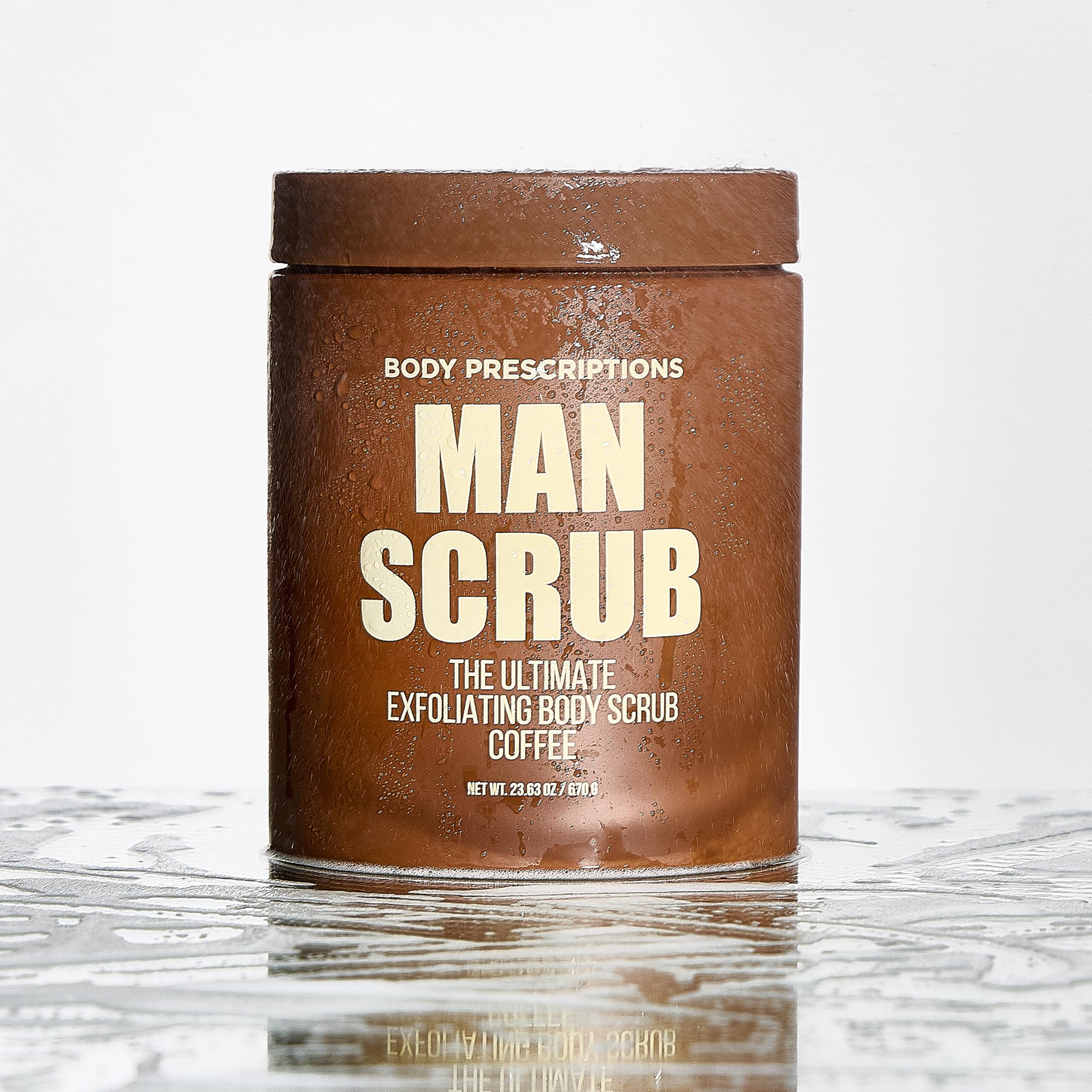 Brand label and twist-top lid close-up on Body Prescriptions scrub.