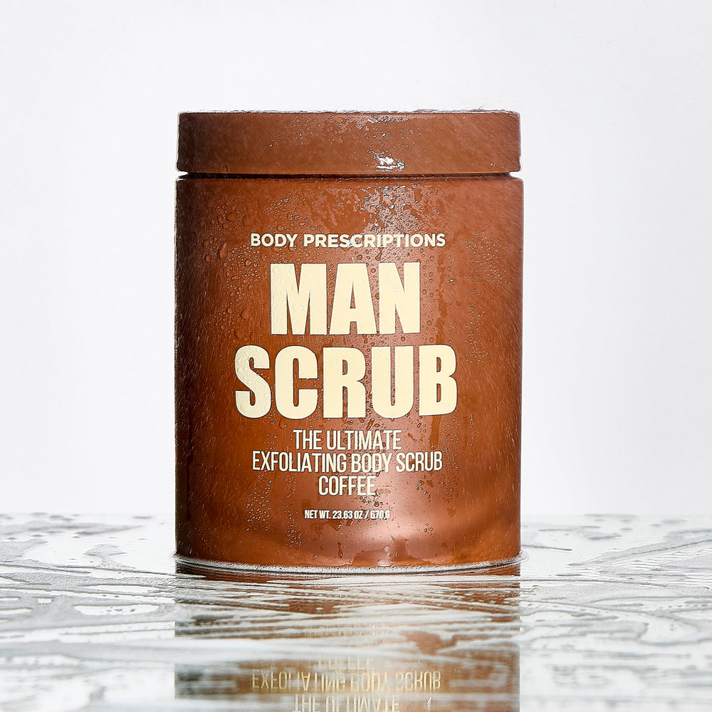 Brand label and twist-top lid close-up on Body Prescriptions scrub.