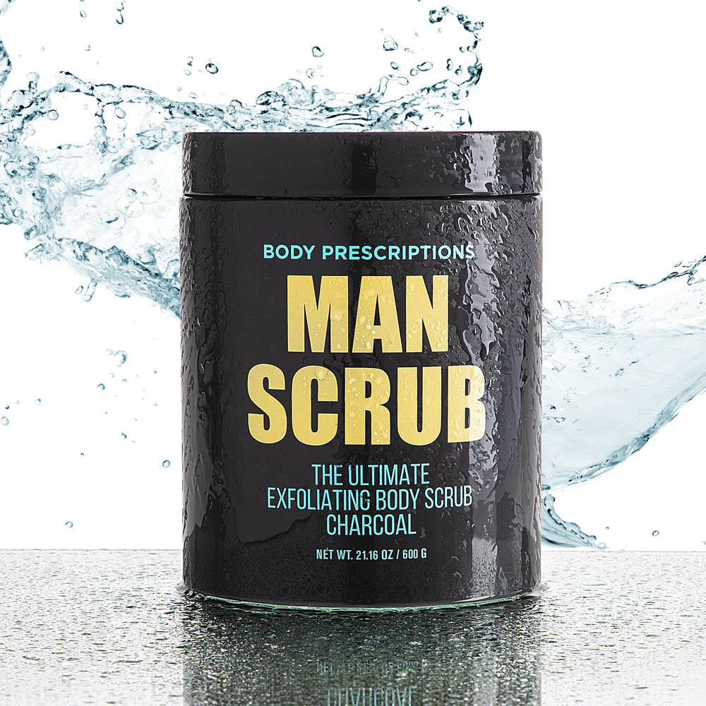 Bathroom scene with Body Prescriptions Men’s Exfoliating Scrub in use during grooming