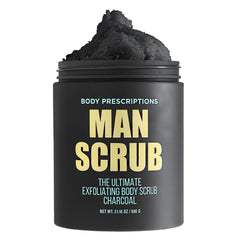 Body Prescriptions Men’s Exfoliating Scrub front view of charcoal jar for daily body cleansing