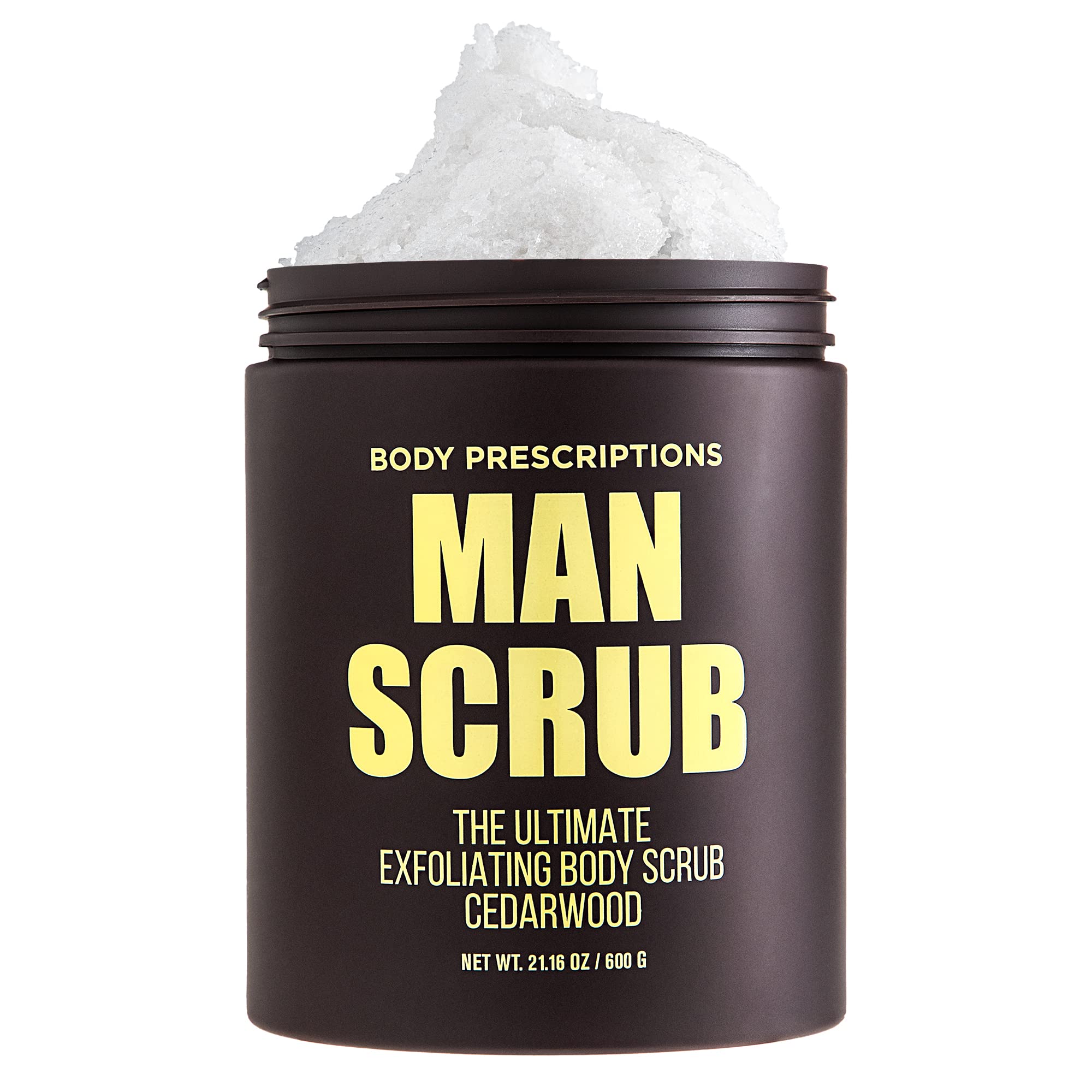Body Prescriptions Men’s Exfoliating Scrub cedarwood jar, ideal for a refreshing shower ritual.