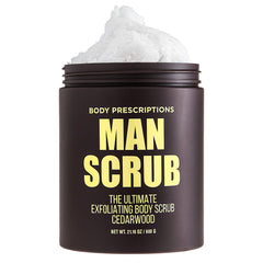 Body Prescriptions Men’s Exfoliating Scrub cedarwood jar, ideal for a refreshing shower ritual.