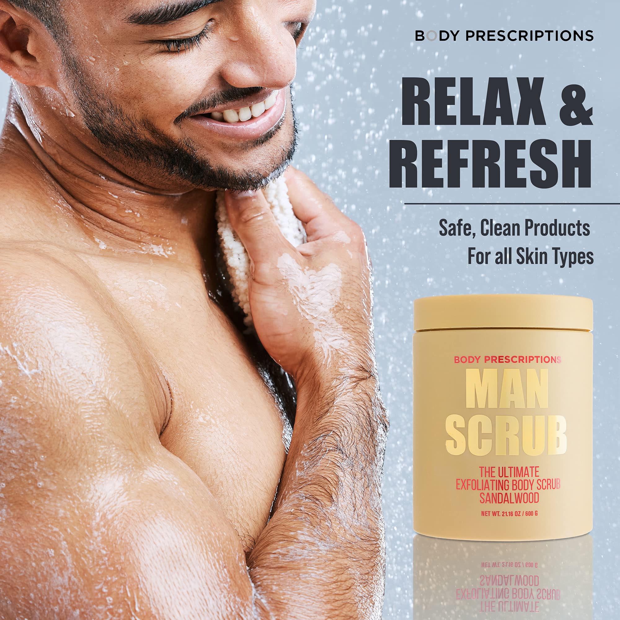 Body Prescriptions Men's Exfoliating Scrub packaging highlight cruelty-free and paraben-free formula