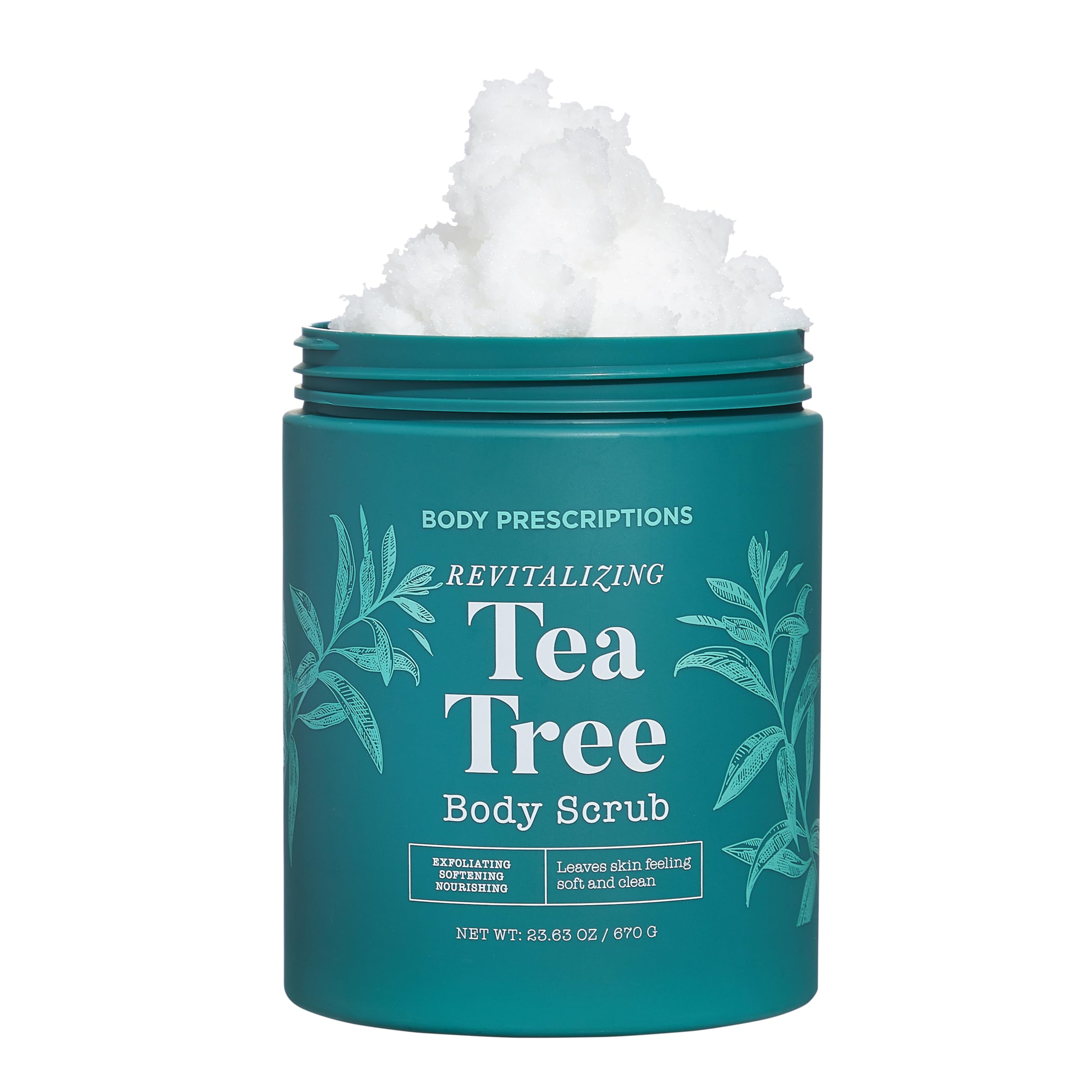 Body Prescriptions Tea Tree Scrub jar demonstrating spa-like exfoliation for smoother skin.