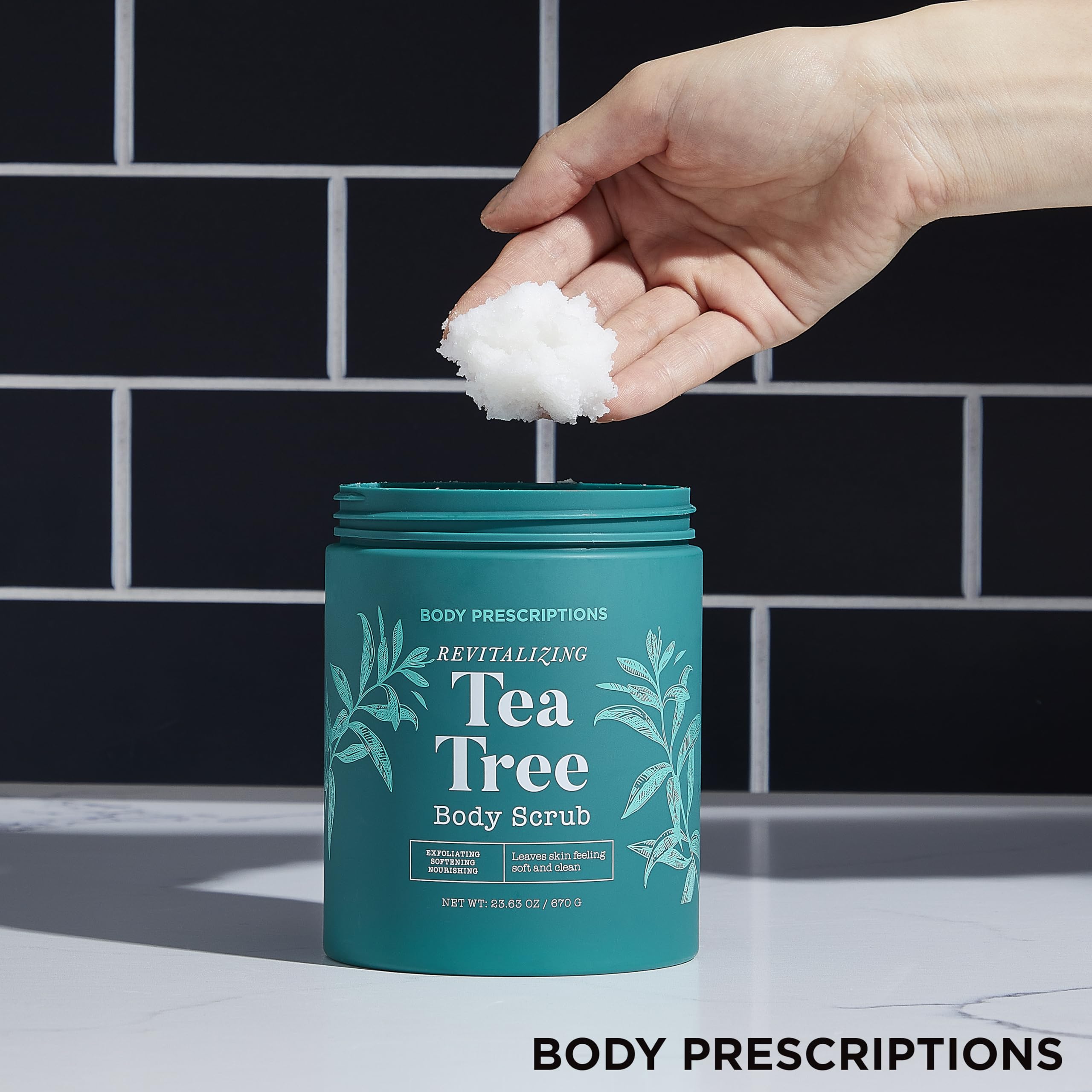 Spa moment featuring Body Prescriptions Tea Tree Scrub ready for daily routine use.