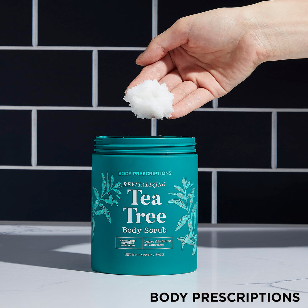 Spa moment featuring Body Prescriptions Tea Tree Scrub ready for daily routine use.