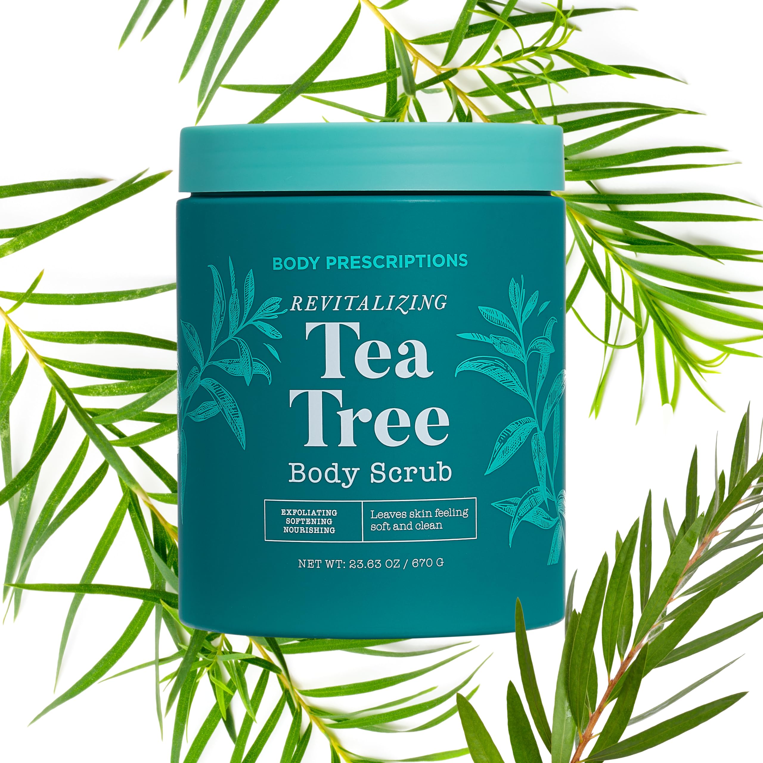 Close-up of Body Prescriptions Tea Tree Scrub texture showing gritty exfoliation for renewal.
