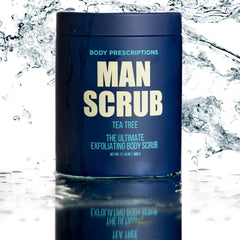 Tea tree-infused scrub texture close-up highlights gentle exfoliation.