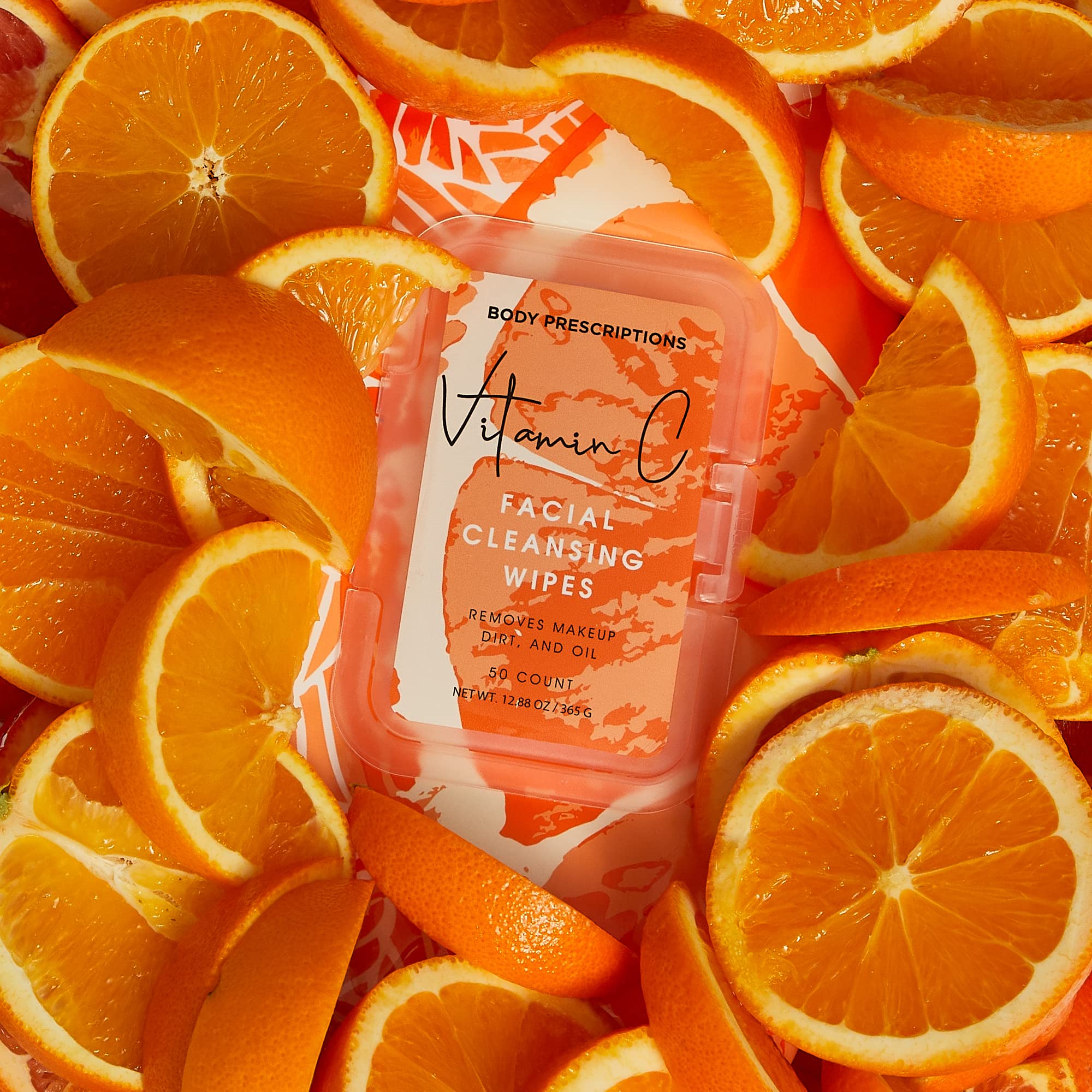 Body Prescriptions vitamin C infused wipes on display highlighting vitamin C benefits.