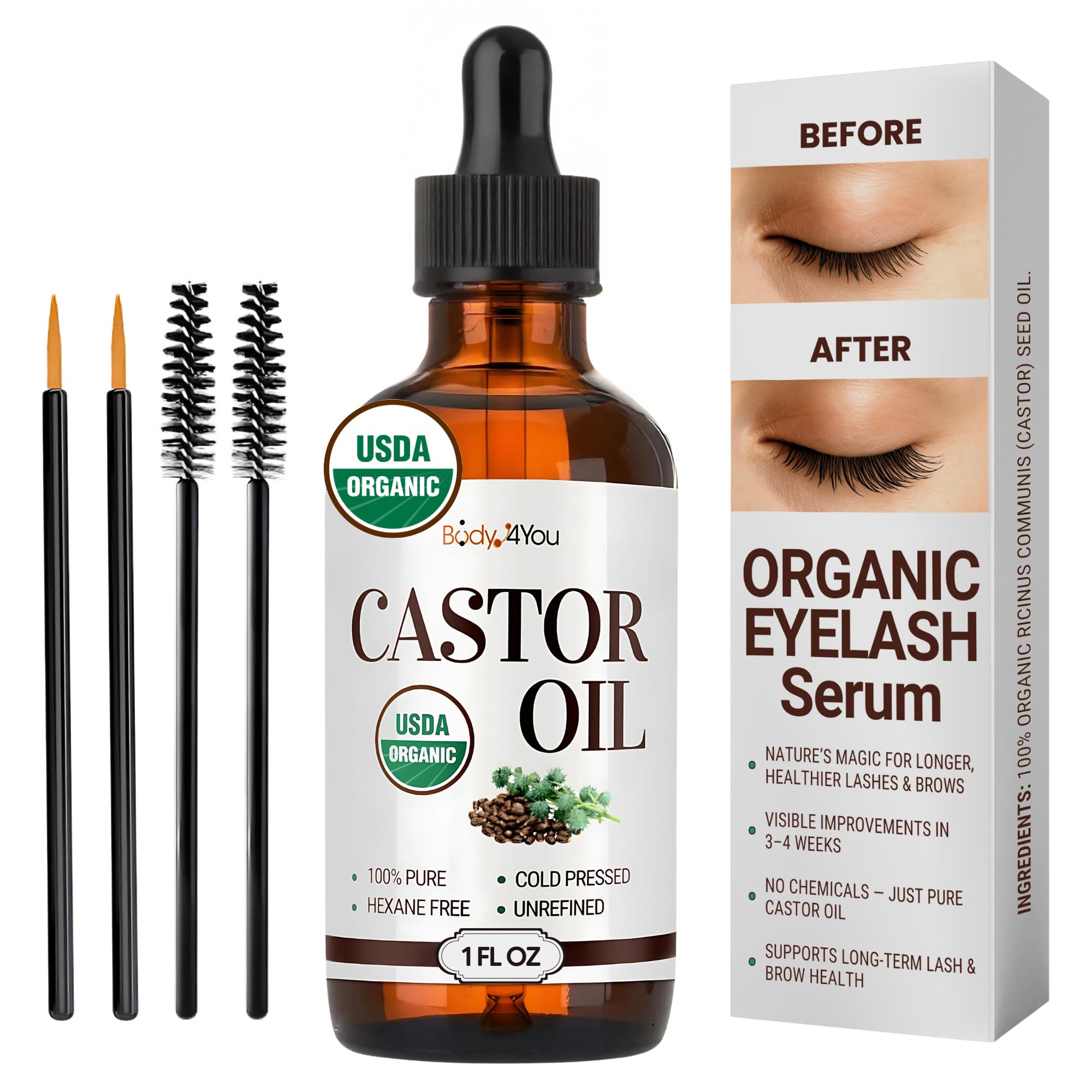 BodyJ4You castor oil bottle with lash brush enables precise lash line care.