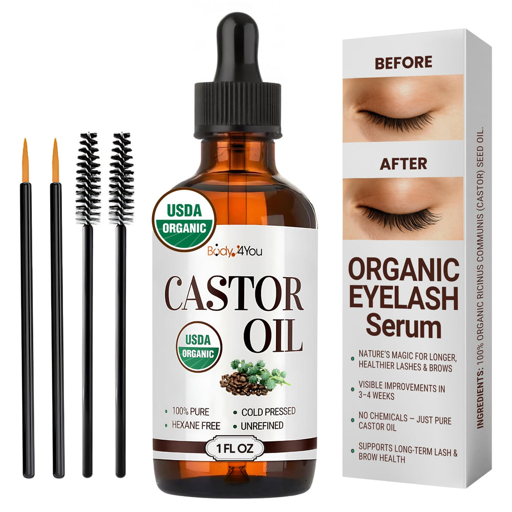BodyJ4You castor oil bottle with lash brush enables precise lash line care.