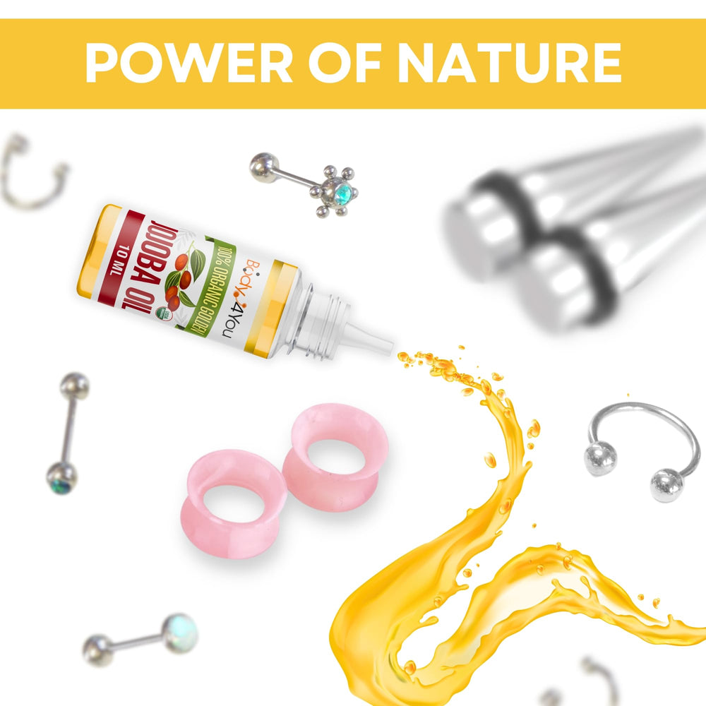 BodyJ4You jojoba oil on skin for targeted piercing hydration.