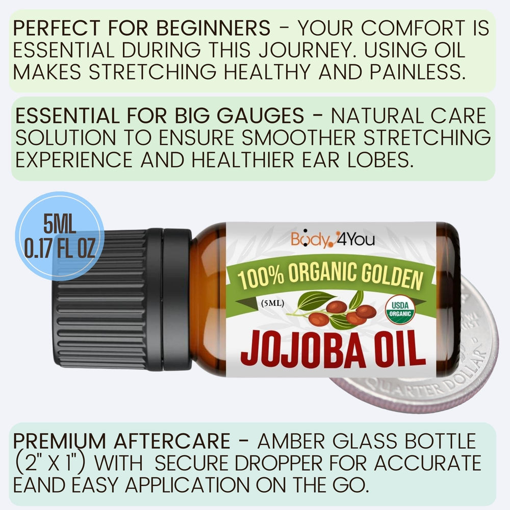 BodyJ4You jojoba oil hydrates skin and supports recovery around ears and piercings.