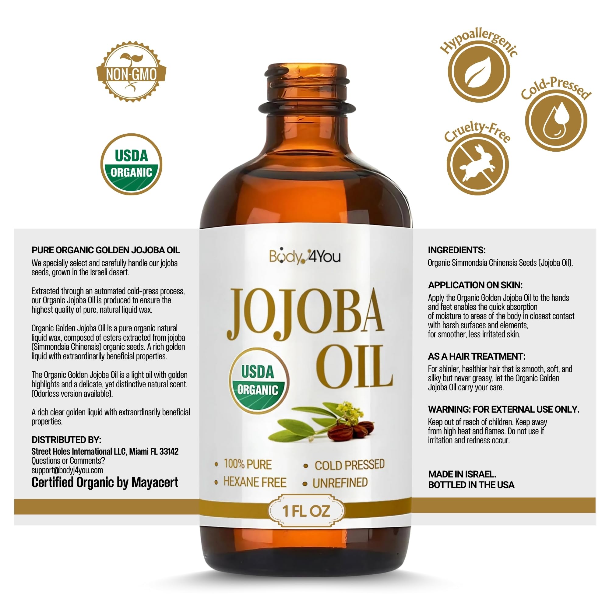 Made in USA, vegan and cruelty-free BodyJ4You jojoba oil.