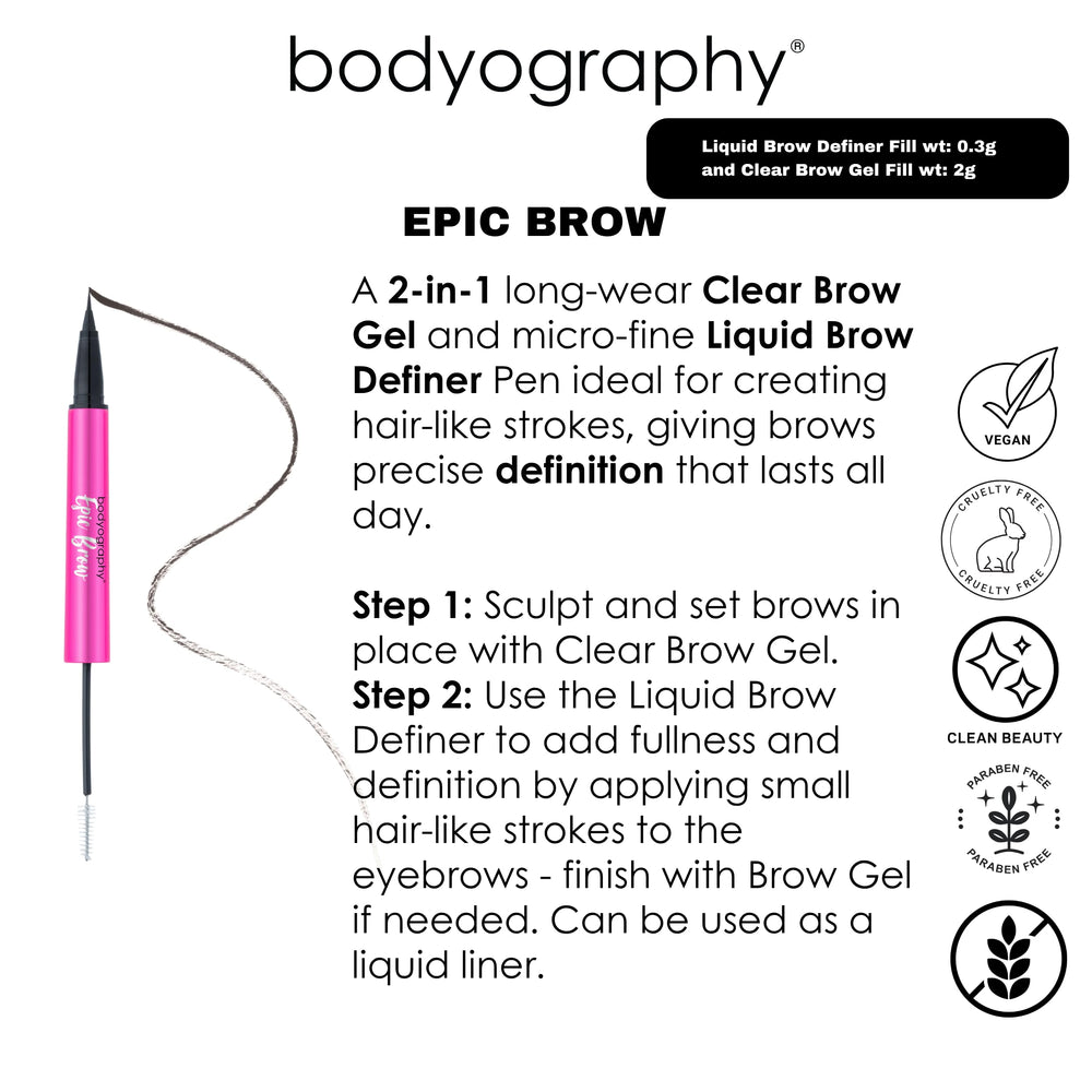 Epic Brow 2-in-1 duo combines shaping gel and precise pen in one tool.