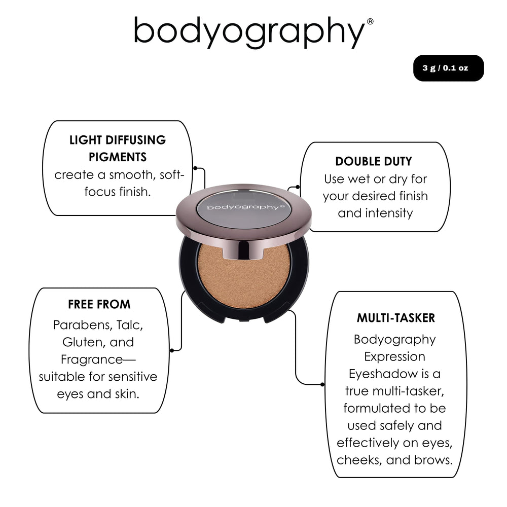 Bodyography Expressions Eye Shadow Coy packaging emphasizing vegan, clean formula.