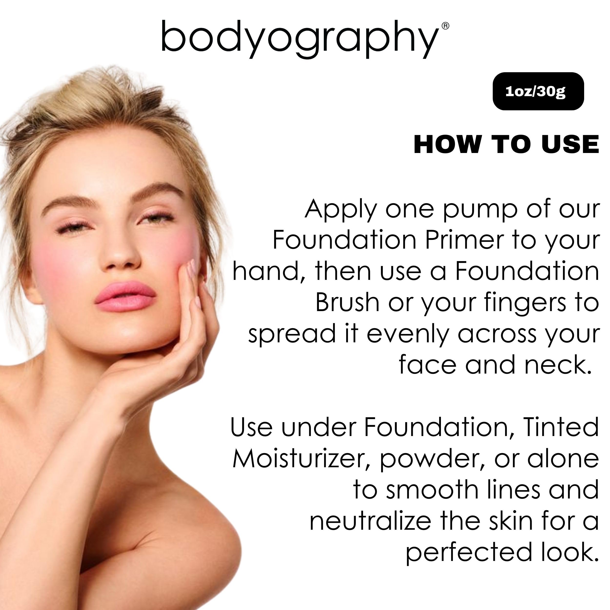 Bodyography Foundation Primer applied near eyes indicating brightening effect for under-eye areas.