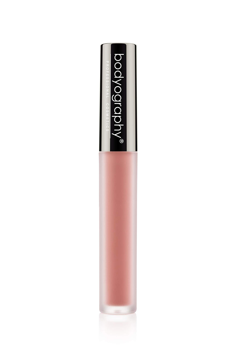 Bodyography Lip Lava Stripped bottle pour with bold pigment and matte finish.