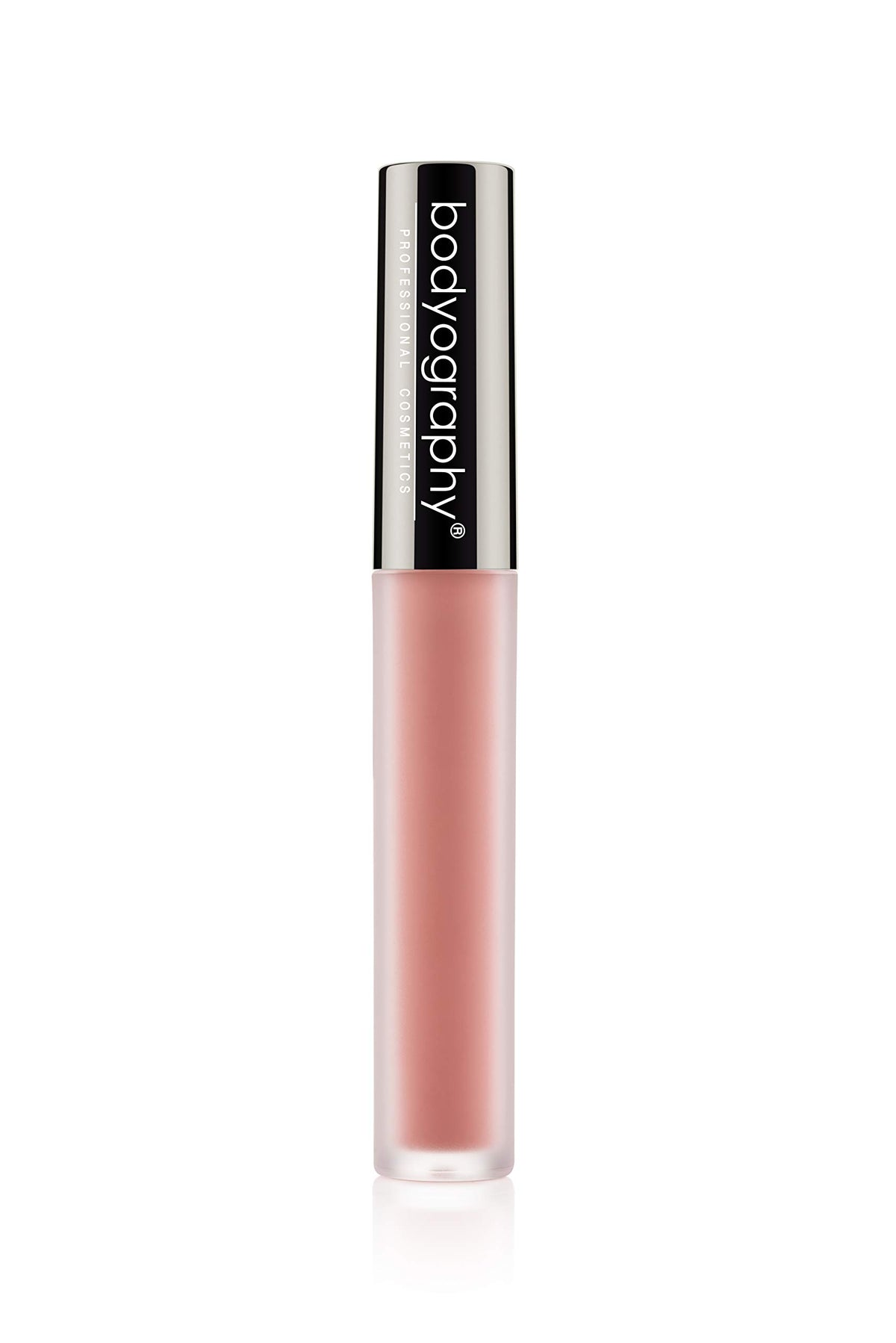 Bodyography Lip Lava Stripped bottle pour with bold pigment and matte finish.