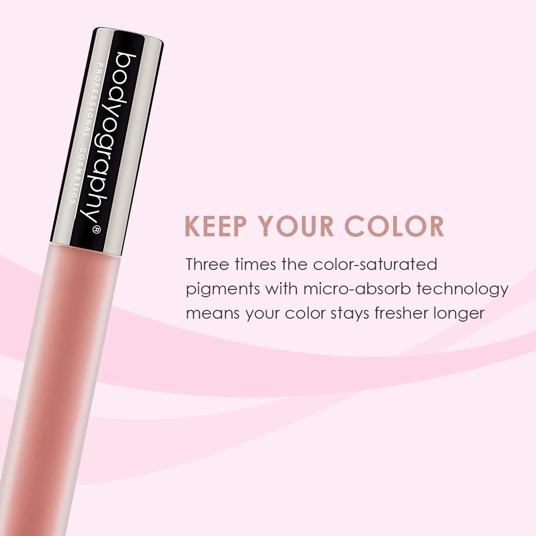 Bodyography Lip Lava Stripped on lips demonstrates comfortable, non-drying wear.