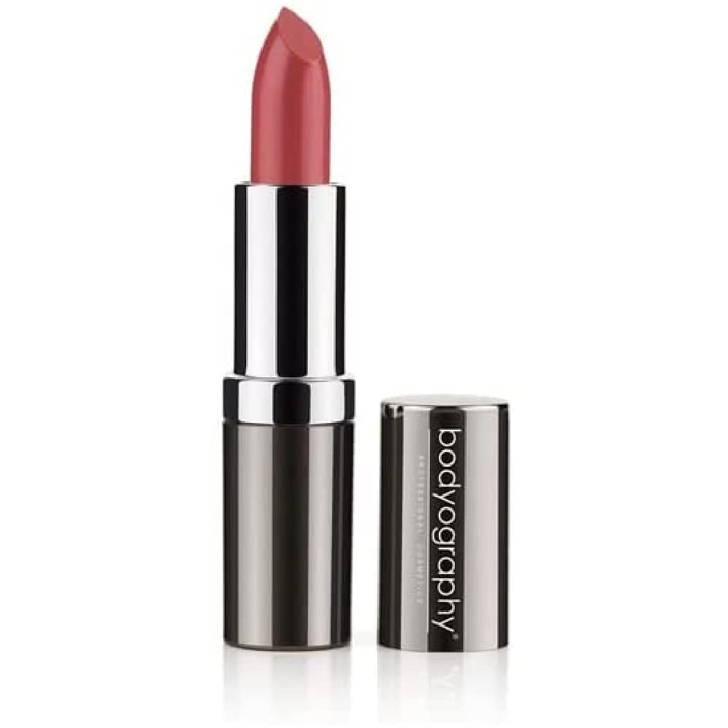 Bodyography Elizabeth moisturizing lipstick swatch showing matte raisin satin with long-wearing color and hydration