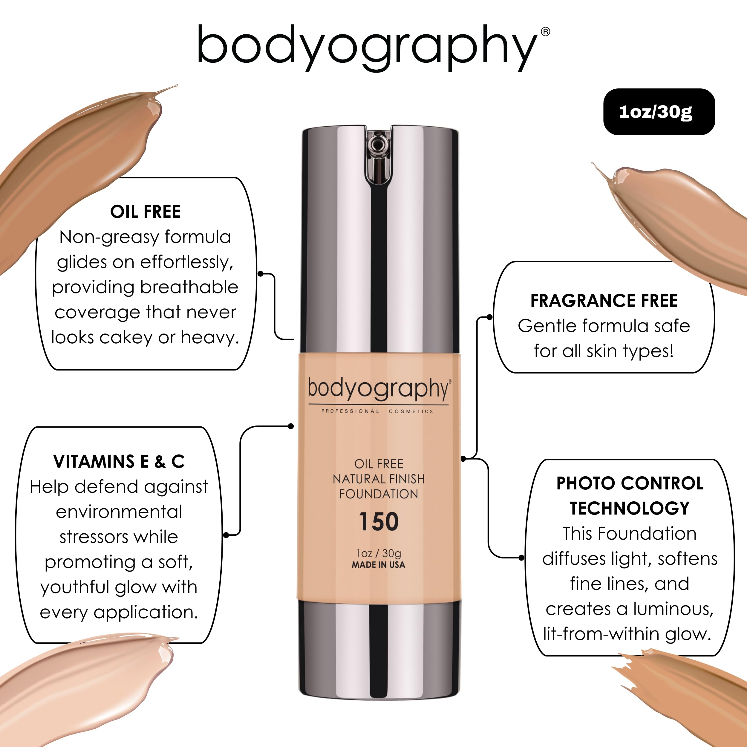 Bodyography Natural Finish Foundation lit-from-within glow under studio lighting for photos.