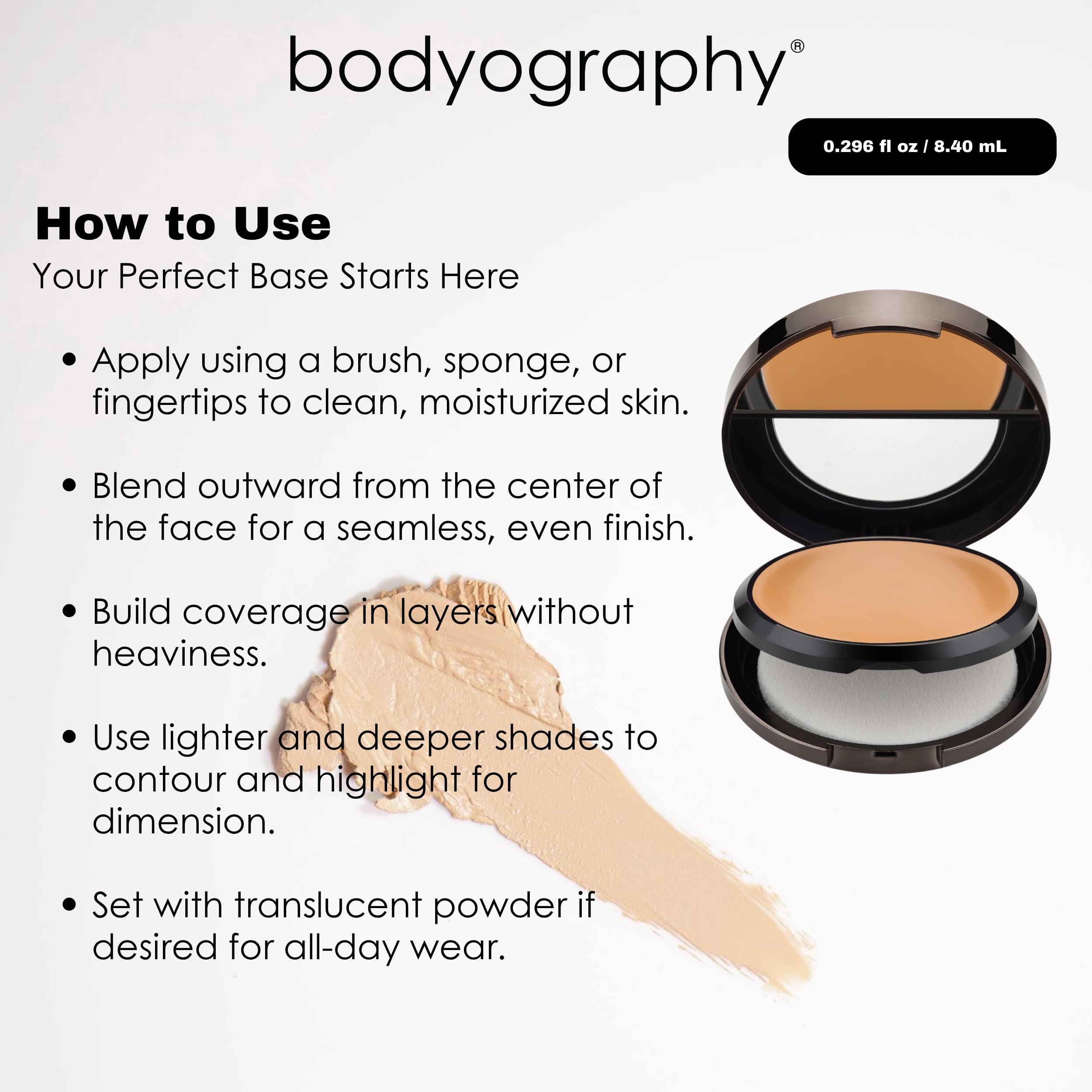 Bodyography Silk Cream Foundation 01 natural daylight finish on clean skin.