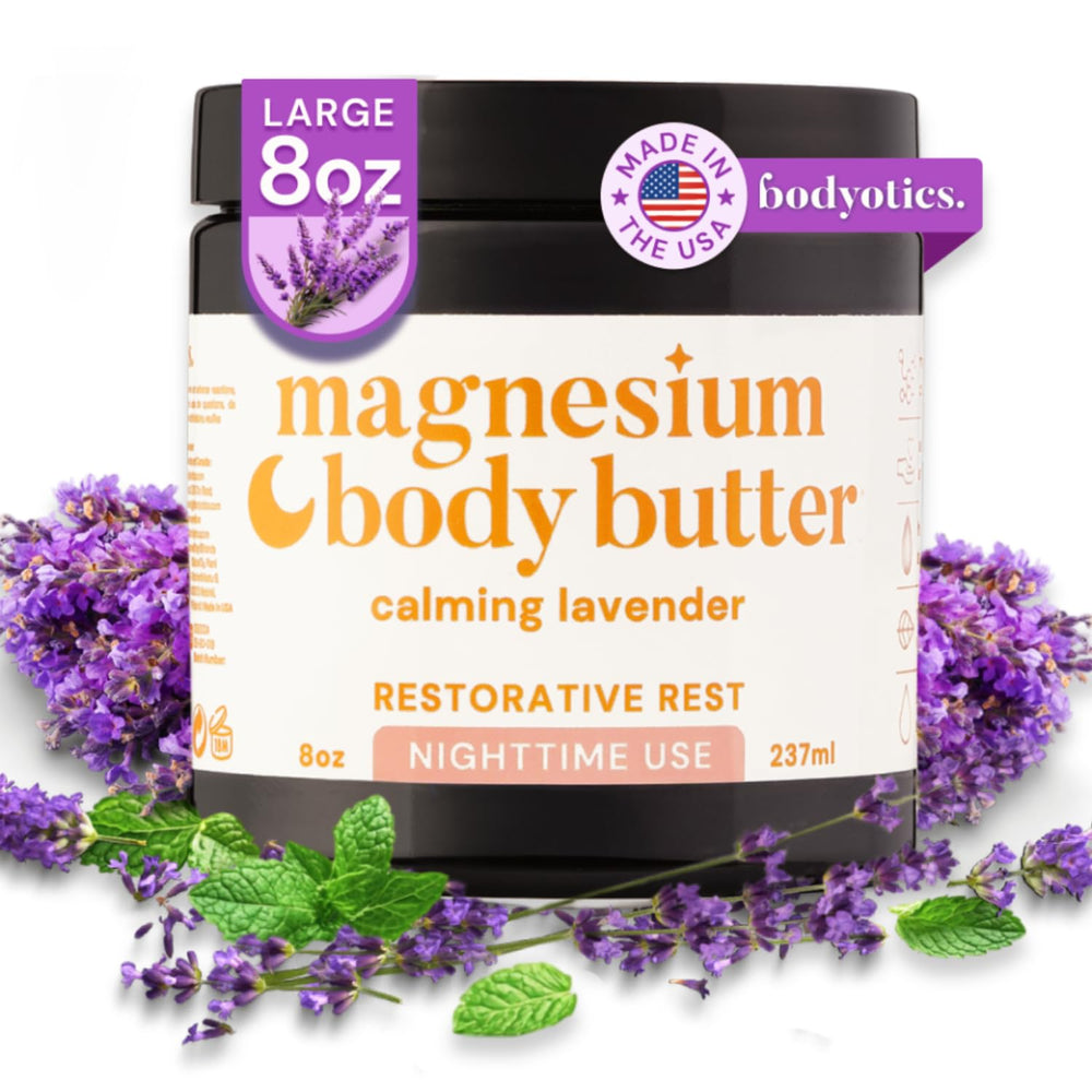Bodyotics magnesium body butter jar close-up with creamy texture and calming lavender scent.
