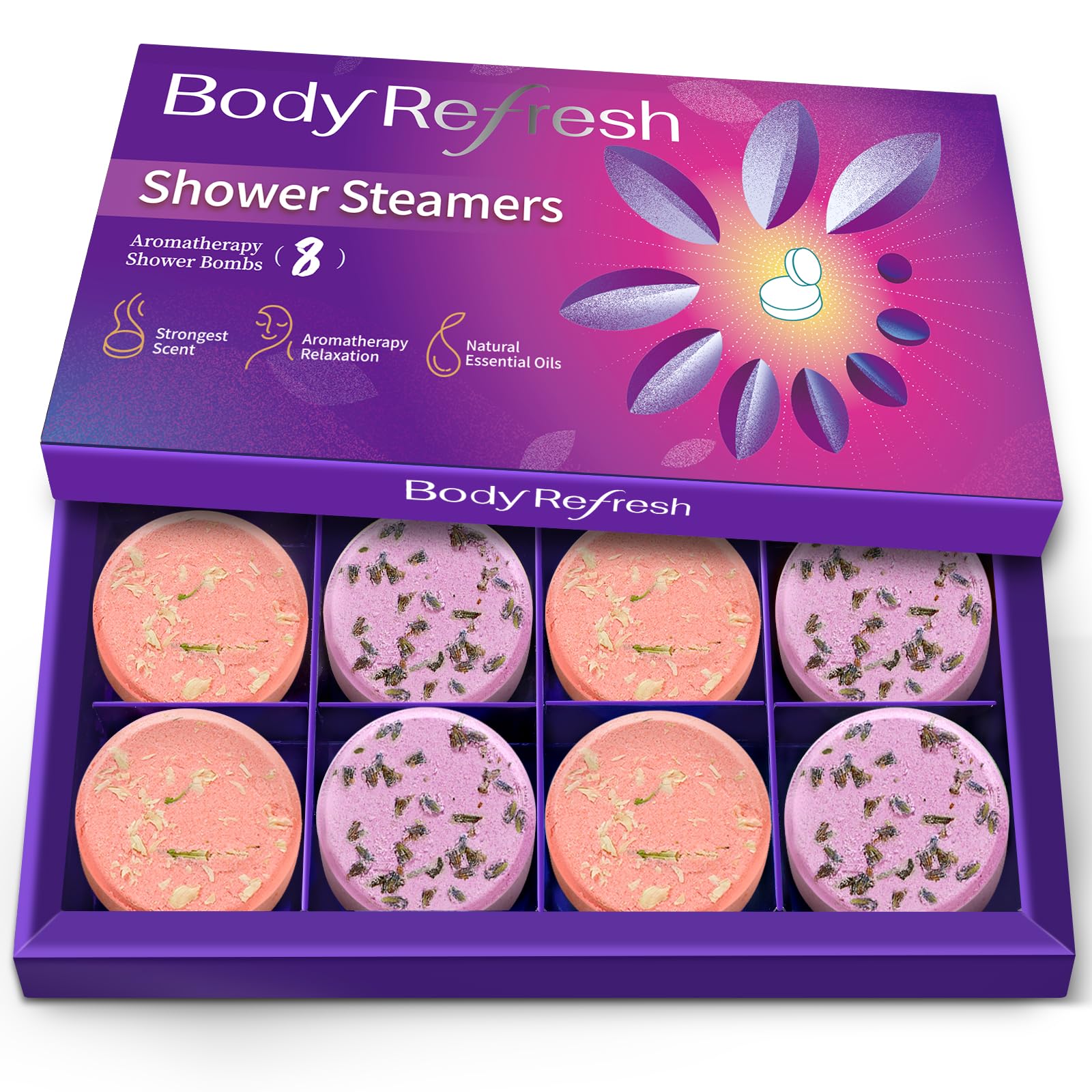 BodyRefresh lavender shower steamer with petals for a calming spa-like shower.
