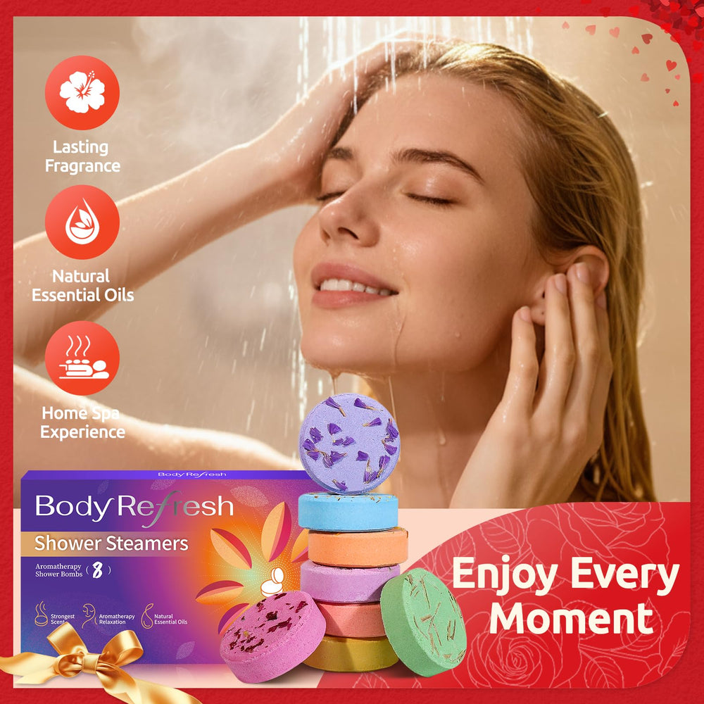 BodyRefresh rose-scented shower steamer with petals for mood uplifting moments.