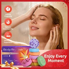 BodyRefresh rose-scented shower steamer with petals for mood uplifting moments.