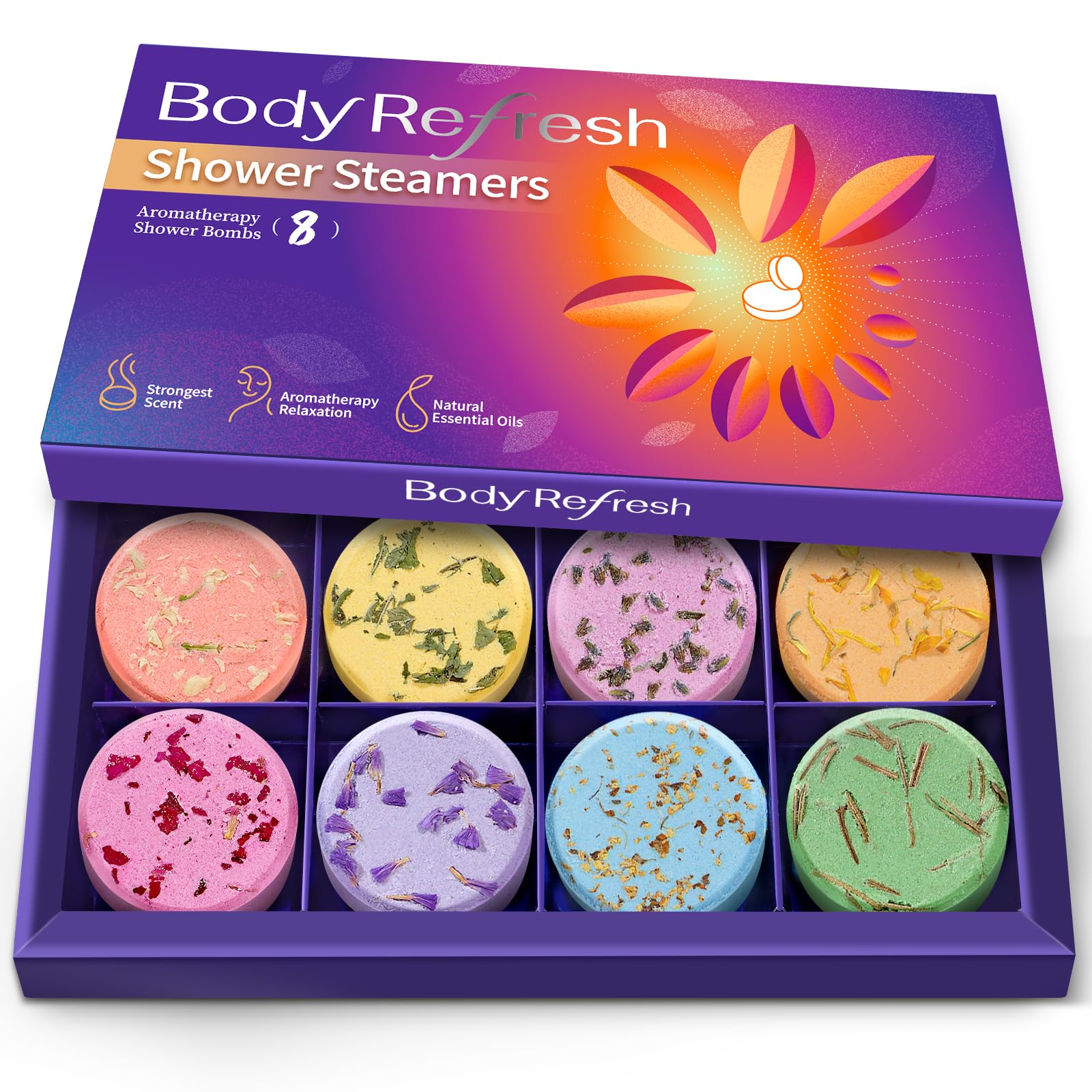BodyRefresh shower steamers variety pack with petals for a spa-like shower ritual.