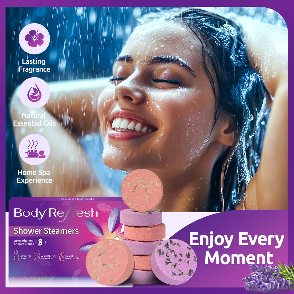 BodyRefresh watermelon shower steamer with petals for a refreshing mood boost.
