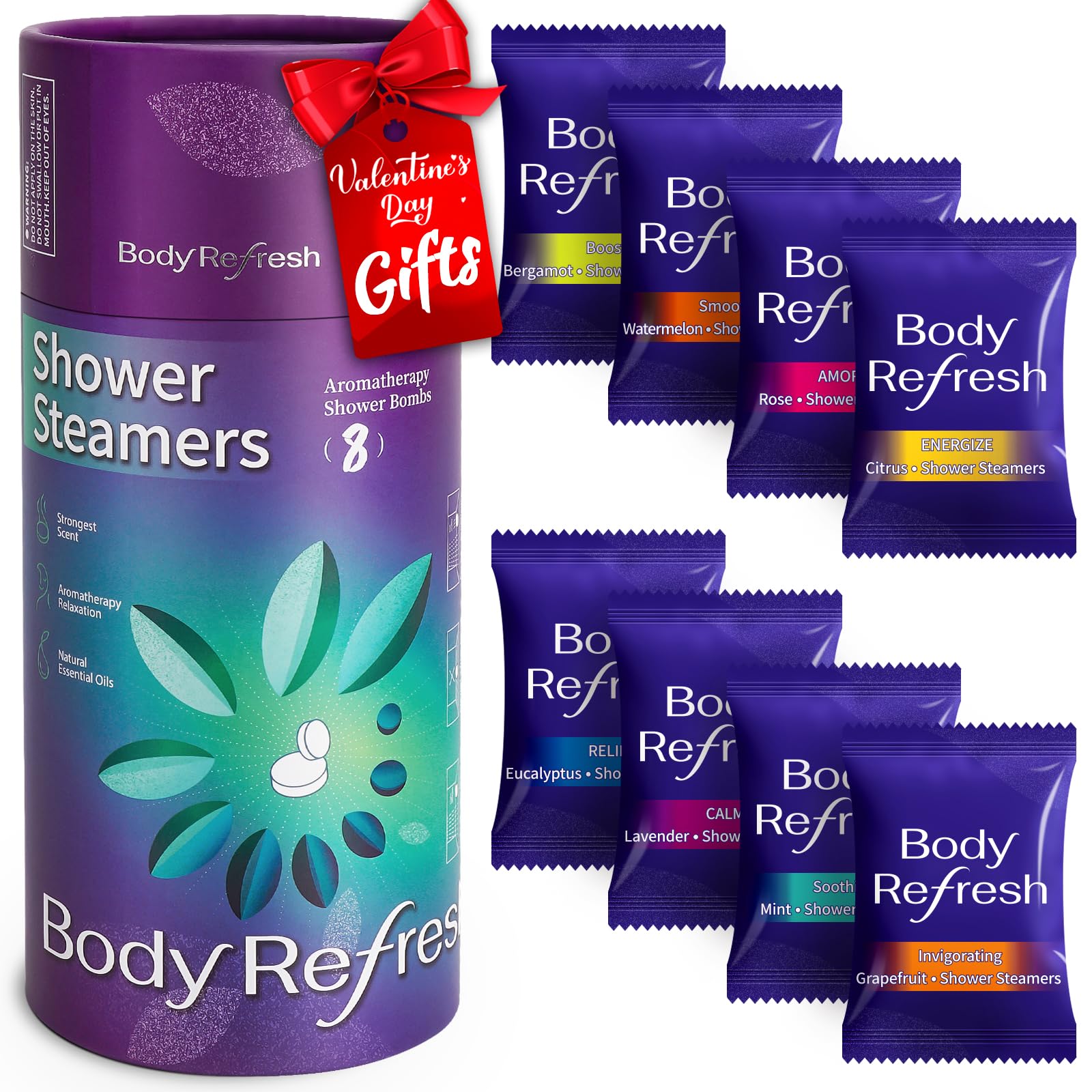 BodyRefresh eight-pack shower steamers with varied scents for a spa-like shower experience