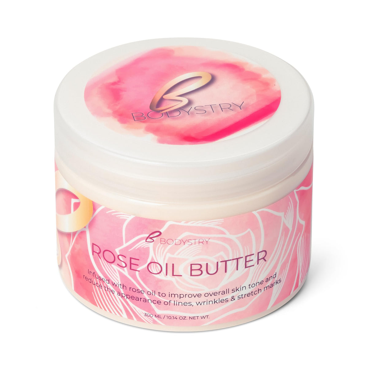 Bodystry Rose Oil Butter bottle showing rich, hydrating texture for smoother skin