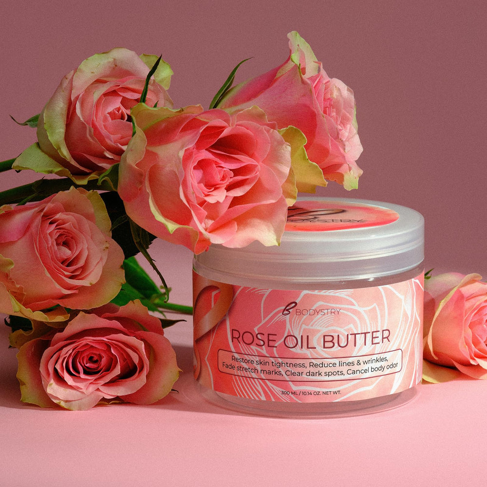 Bodystry Rose Oil Butter packaging label confirms rose oil and hydrating benefits