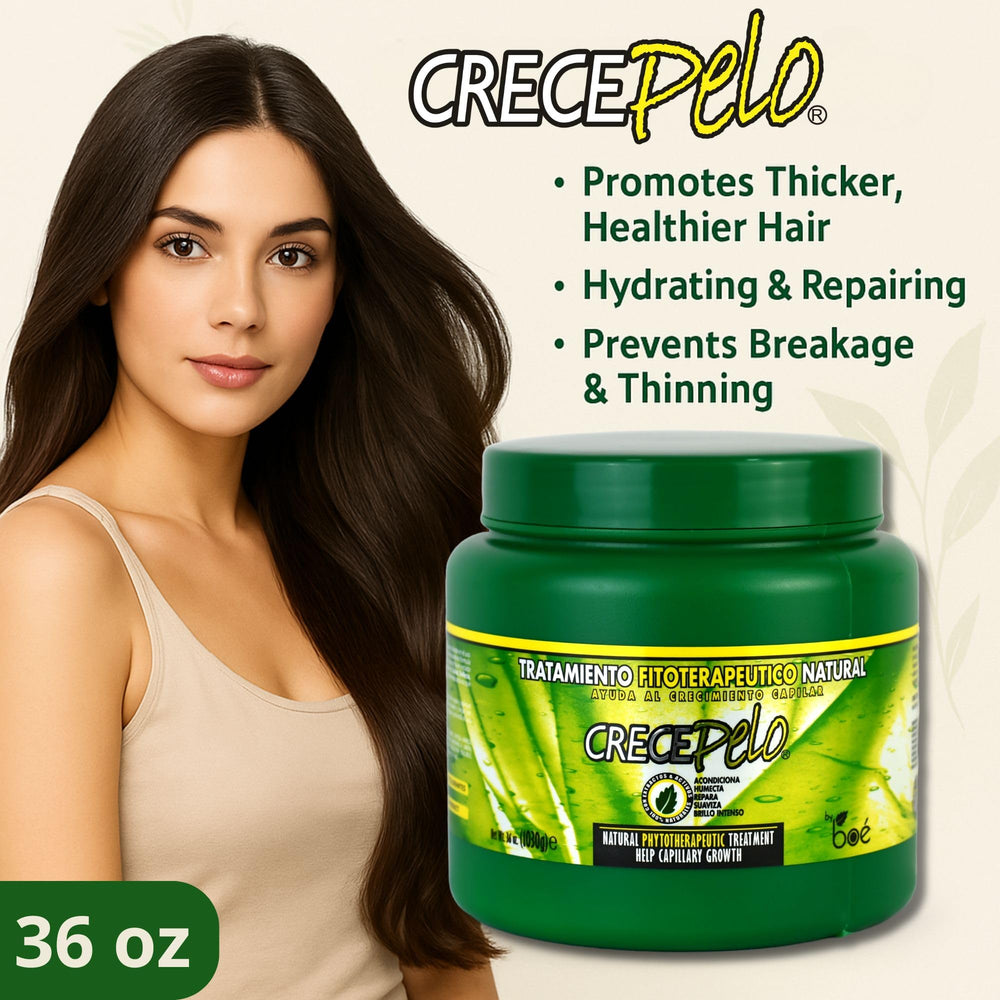 Boe Crece Pelo packaging shown with natural extracts and 36 oz size.