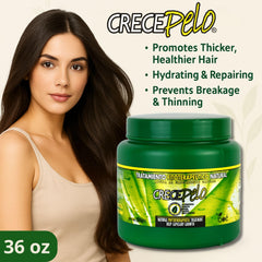 Boe Crece Pelo packaging shown with natural extracts and 36 oz size.