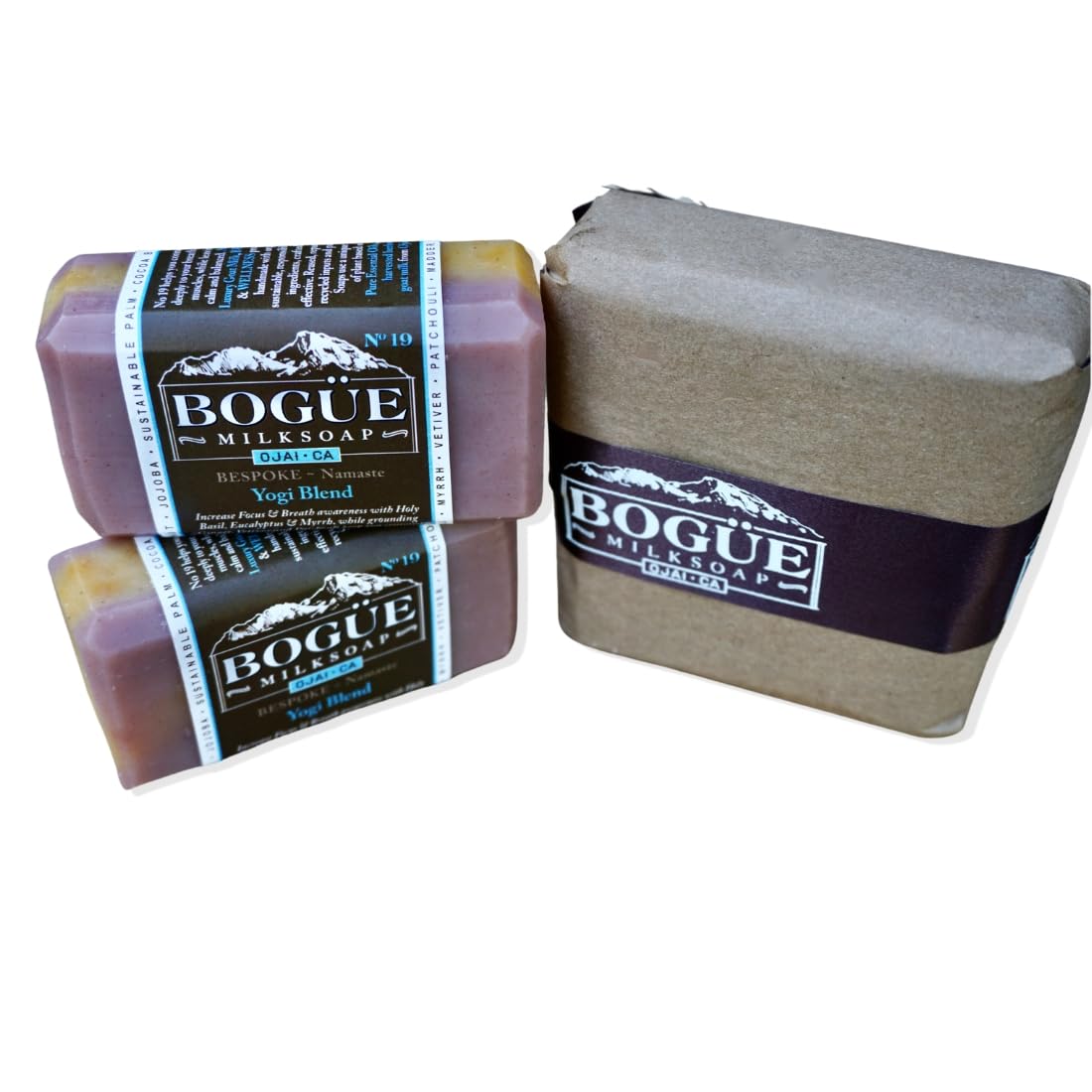 Ingredients highlight holy basil and eucalyptus in Bogue No.19 Namaste Yoga blend.