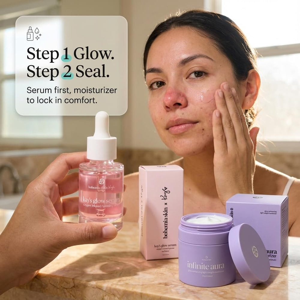 AM PM routine with Kay’s Glow Serum and Infinite Aura Moisturizer