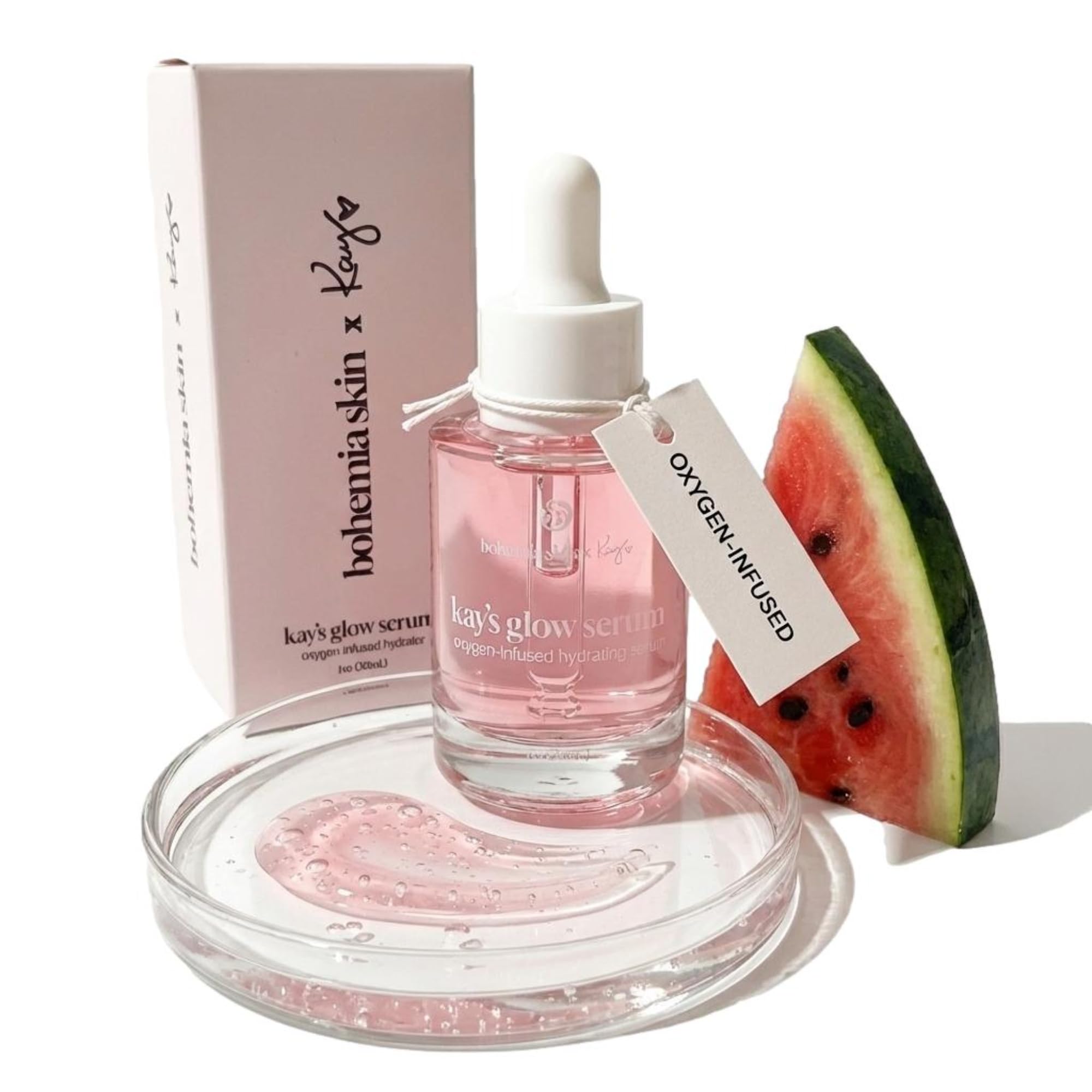 Kay's Glow Serum bottle shown for a dewy, hydrated look