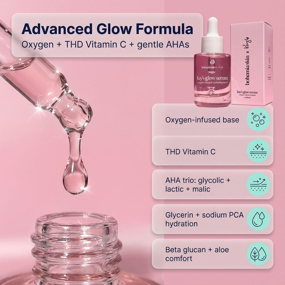 Close-up of Kay's Glow Serum ingredients featuring THD Vitamin C and Aloe