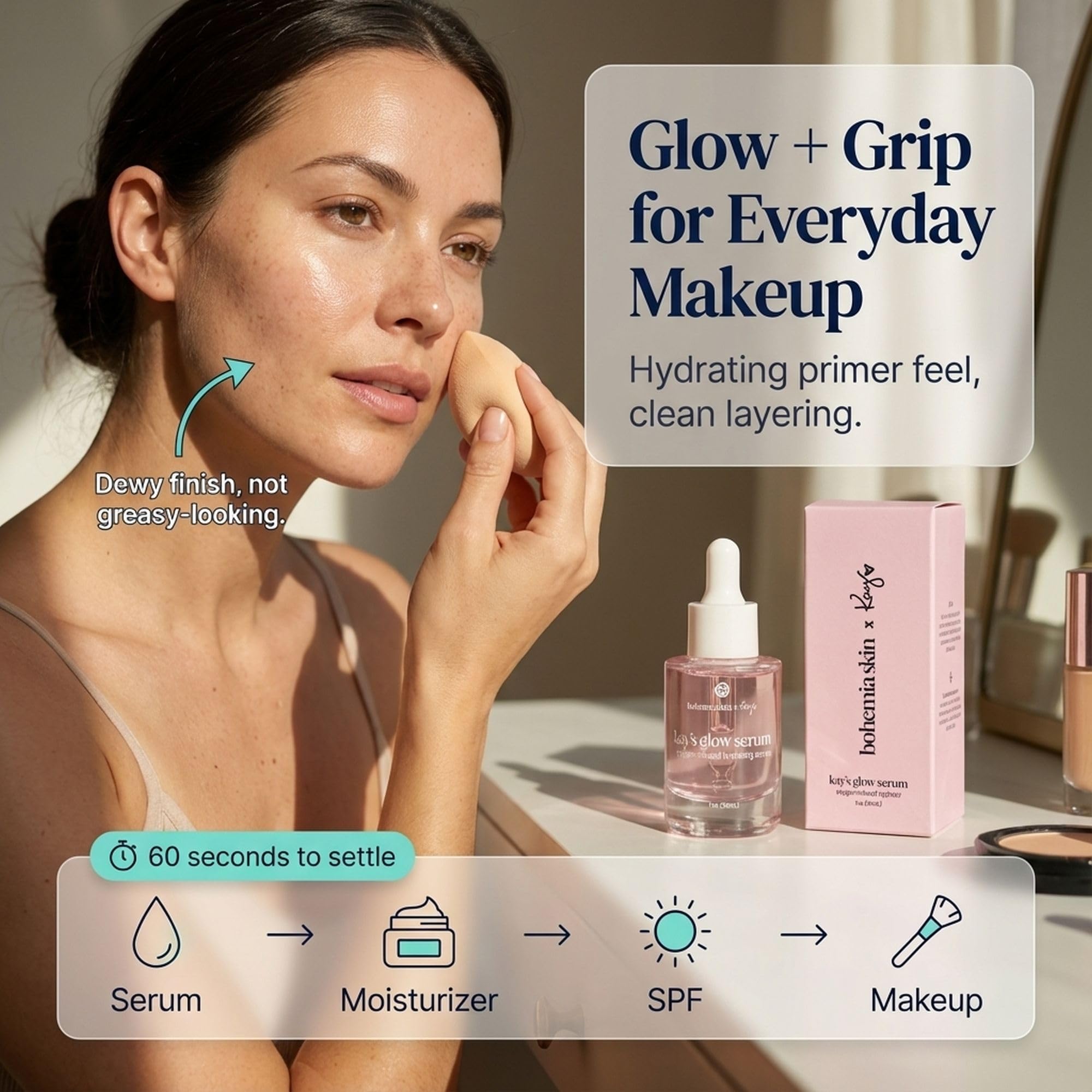 Kay's Glow Serum texture close-up shows light, non-sticky finish