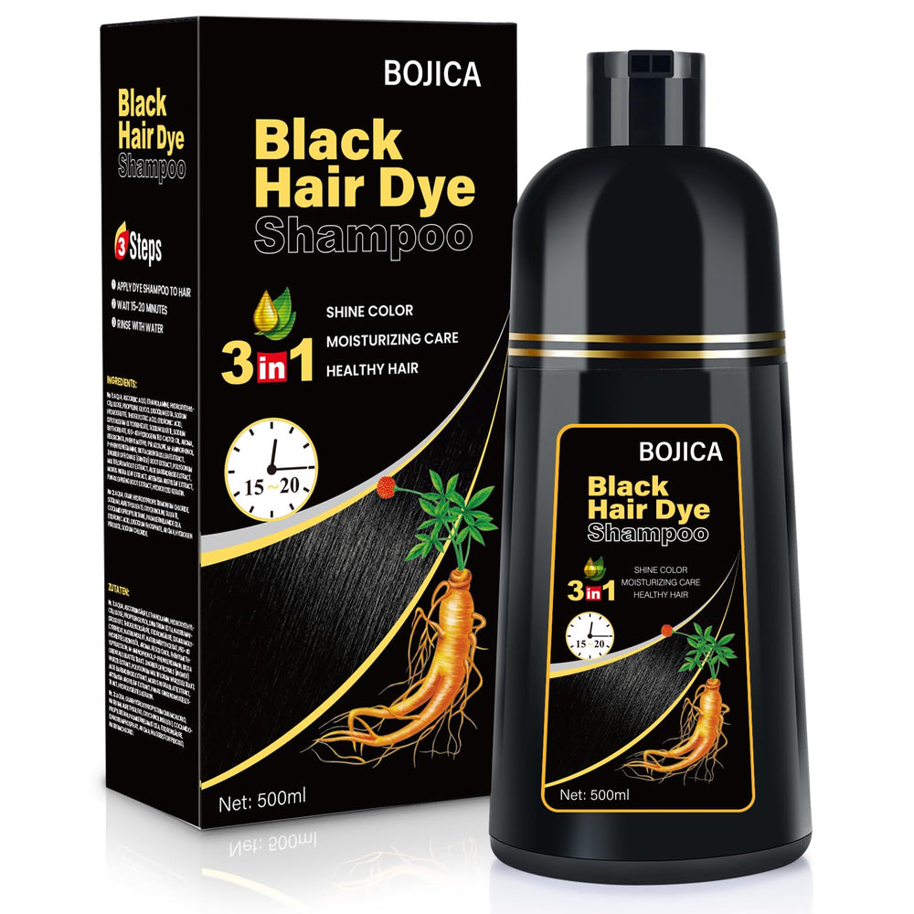 BOJICA Black Hair Dye 3-in-1 Shampoo bottle demonstrates at-home color coverage.