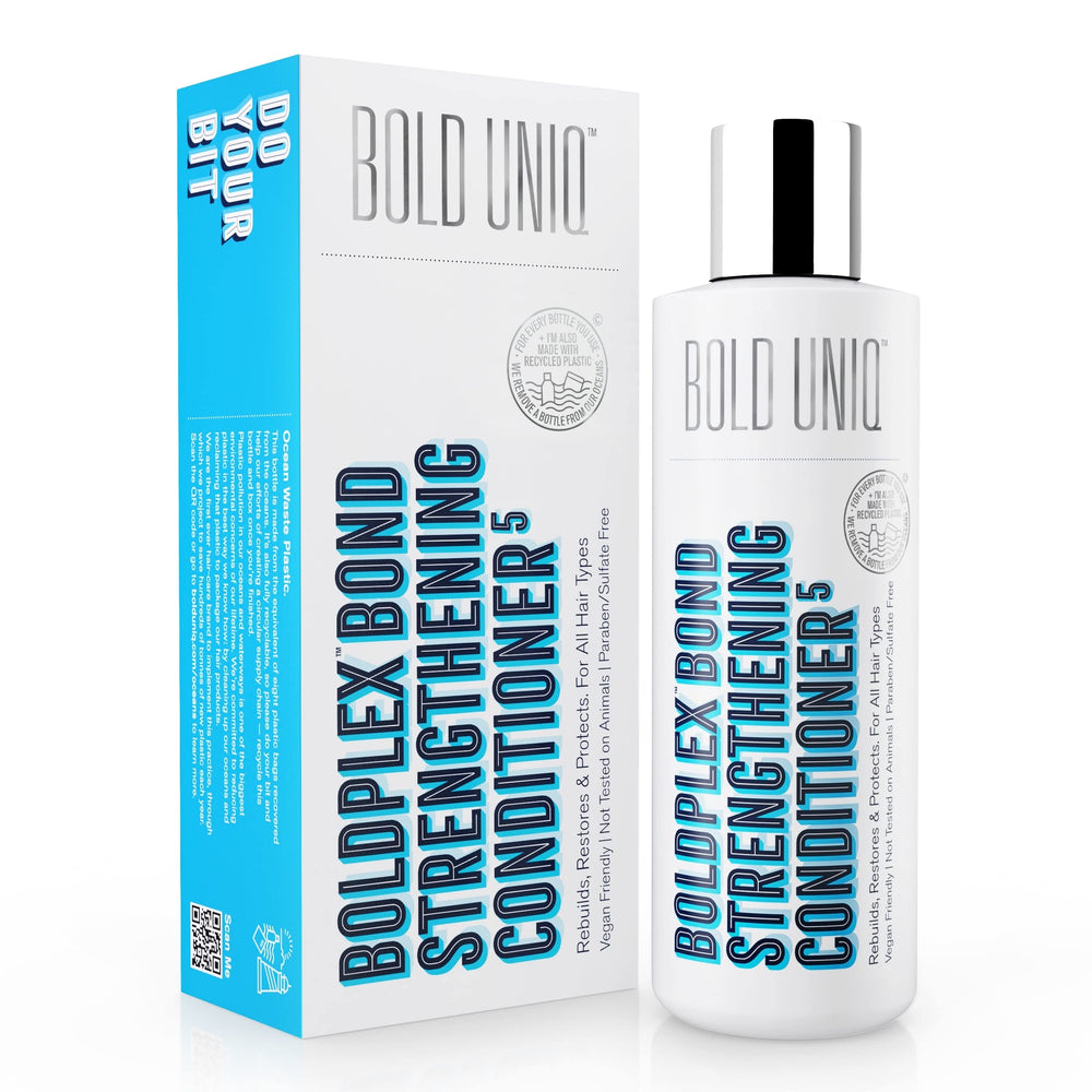 Bold Uniq BoldPlex 5 bottle close up highlighting bond strengthening care for dry, damaged hair.
