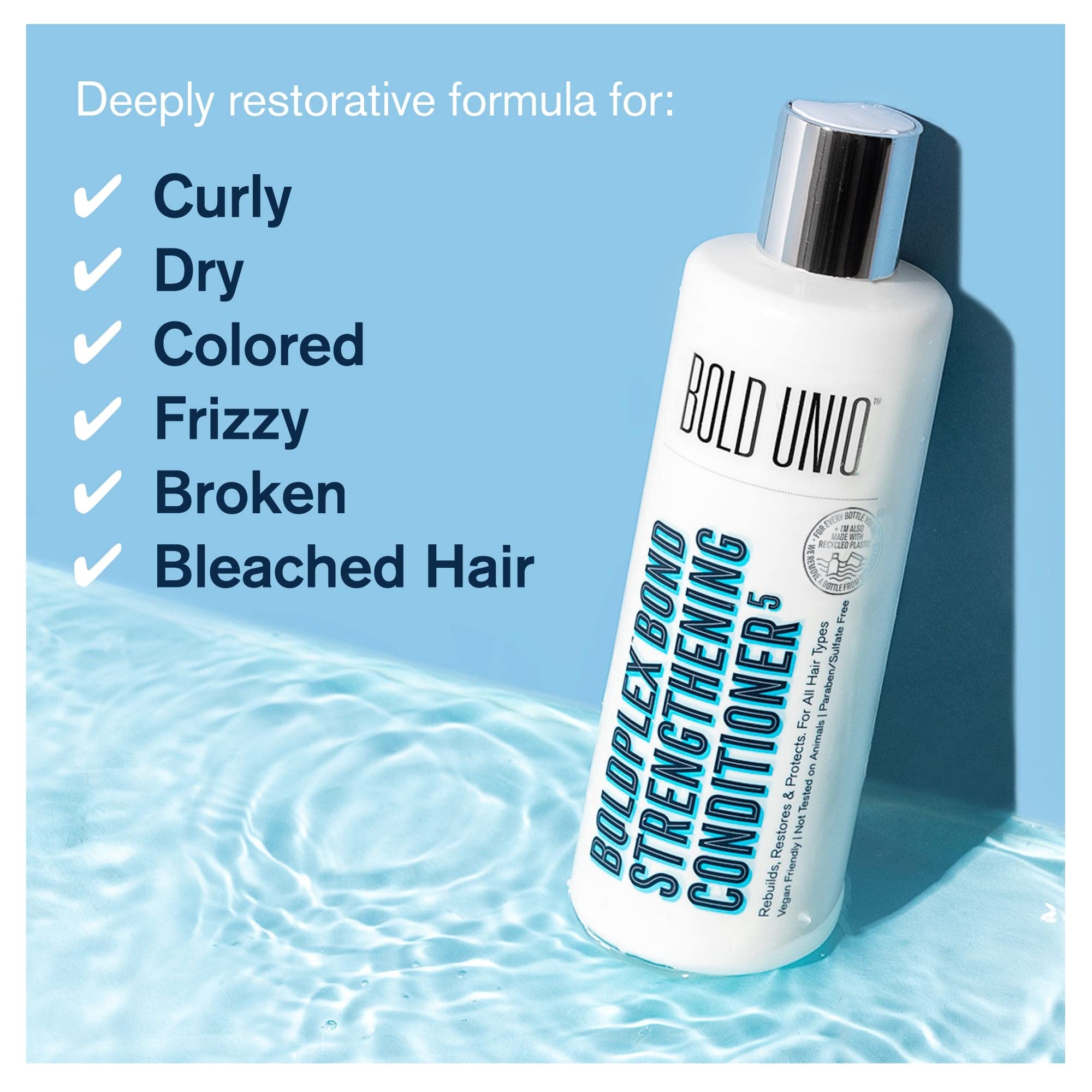 Bold Uniq BoldPlex 5 bottle stand with label shows nourishing bond repair.