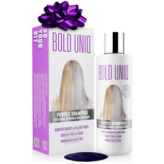 Bold Uniq Purple Shampoo bottle neutralizes yellow tones for cooler blonde shades.