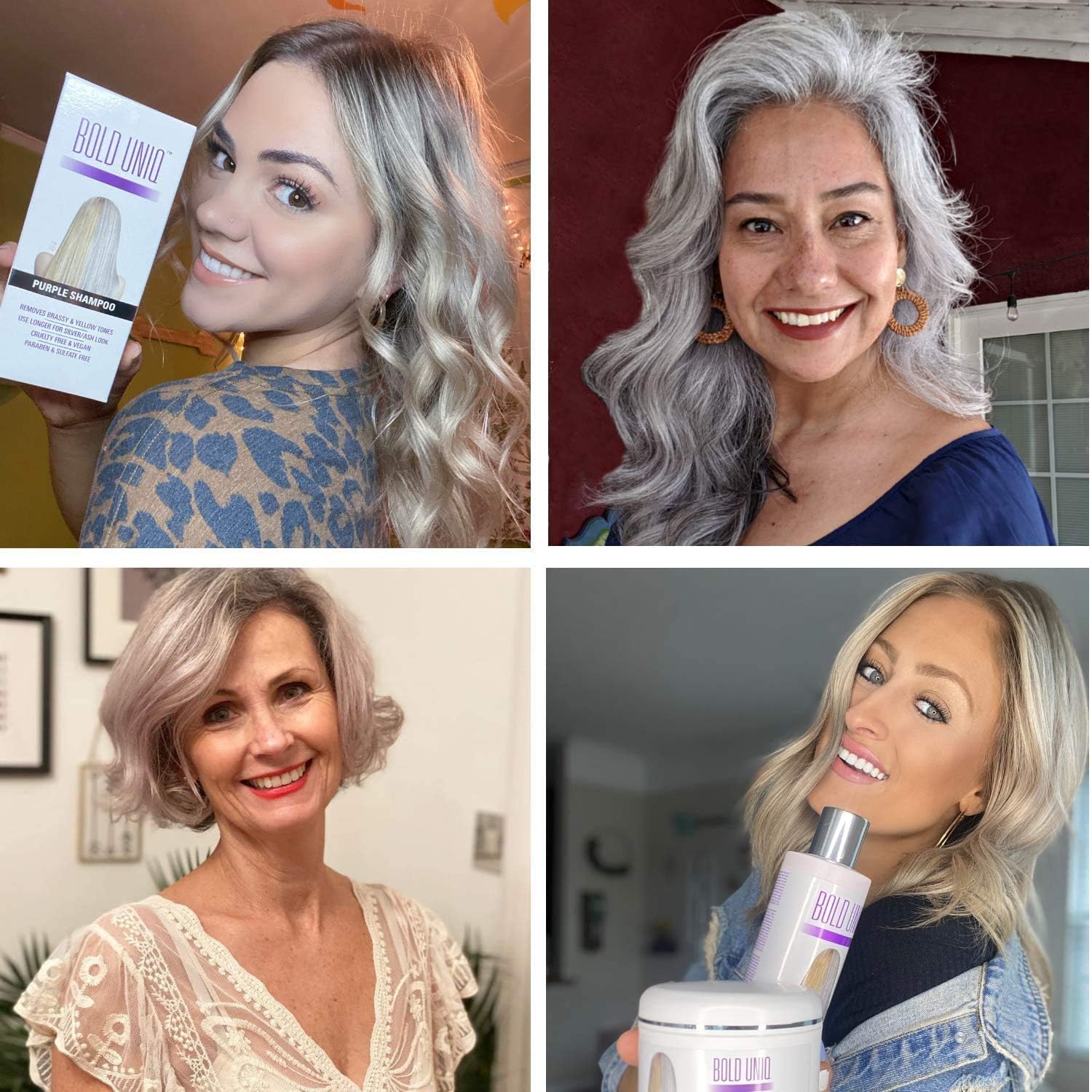 Bold Uniq Purple Shampoo color-correcting action on blond hair.