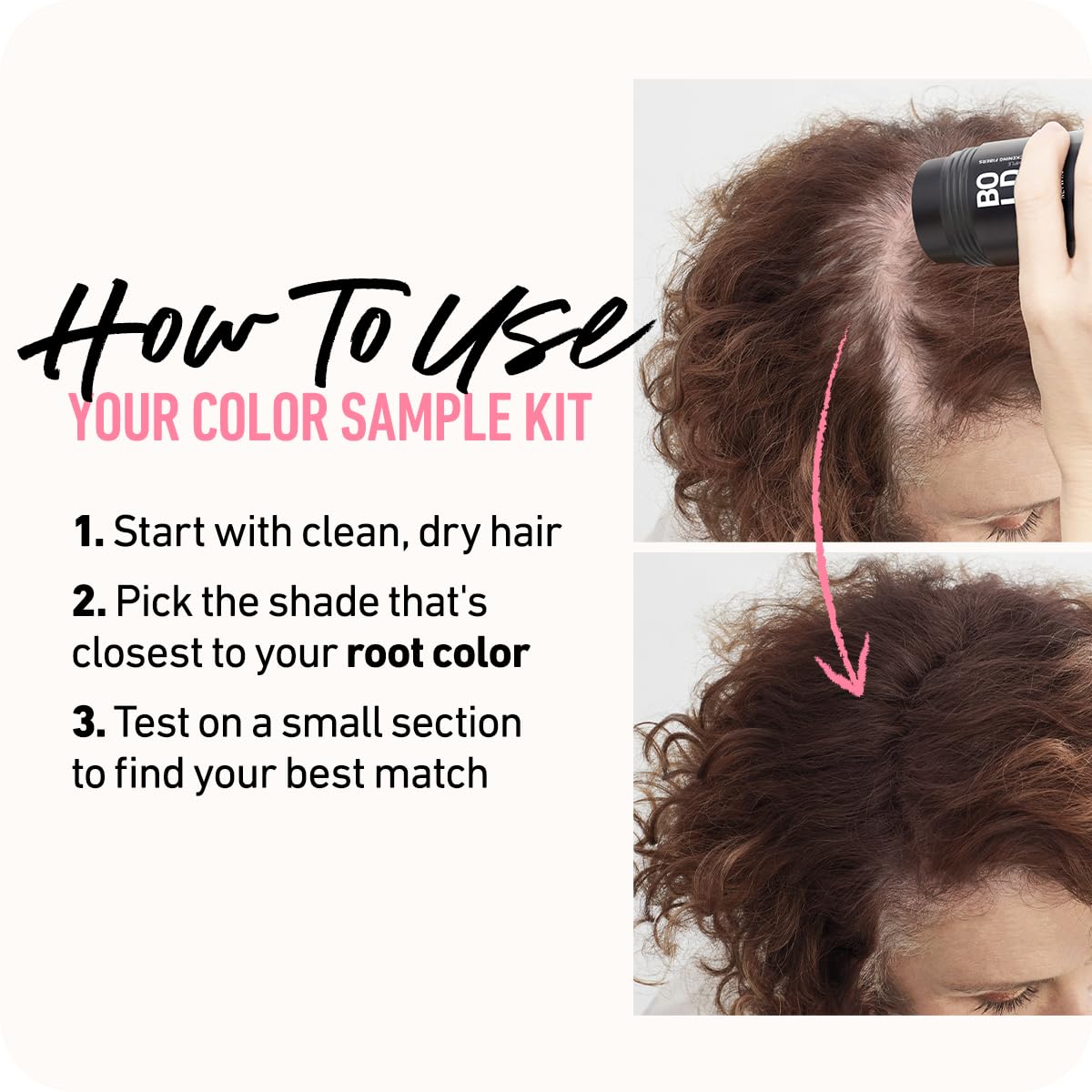 Boldify application demo on dry hair demonstrates quick even fiber application